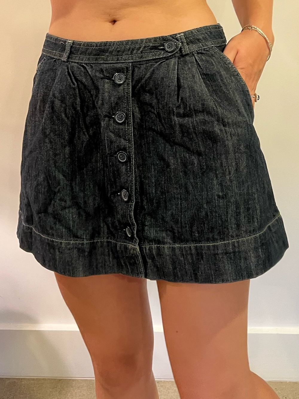 American Eagle Outfitters Black Denim Button-Front Mini Skirt
